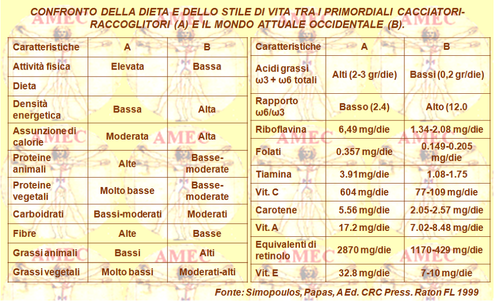 Confronto della dieta e dello stile di vita tra i primordiali cacciatori - raccoglitori e il mondo attuale occidentale